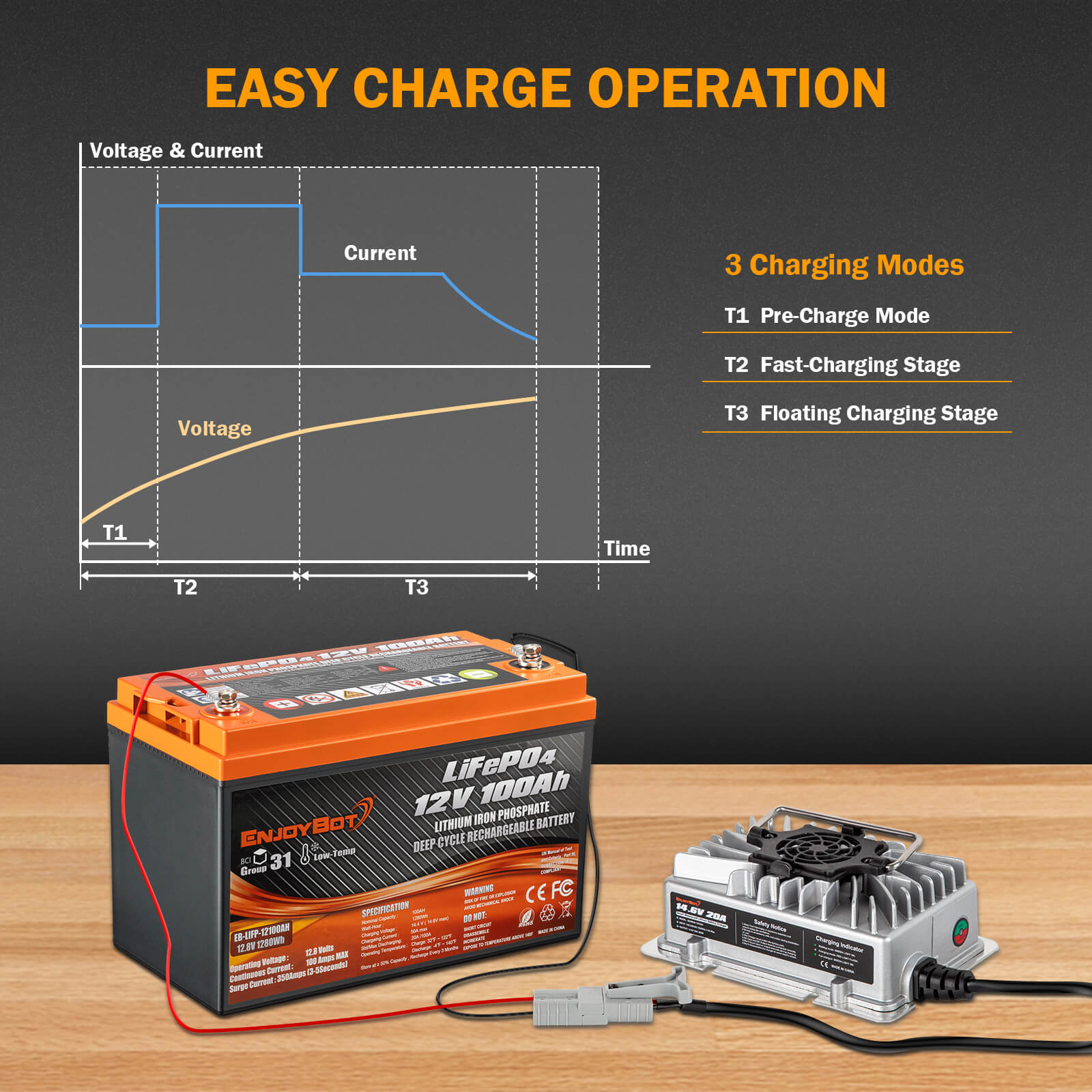 Enjoybot 14.6V 20A Waterproof Mountable LiFePO4 Lithium Battery Charger For 12V LiFePO4 Battery