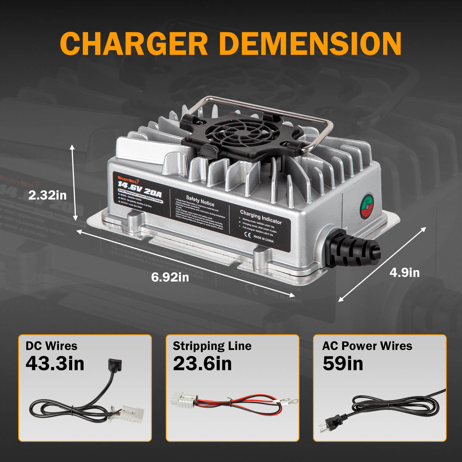 Enjoybot 14.6V 20A Waterproof Mountable LiFePO4 Lithium Battery Charger For 12V LiFePO4 Battery