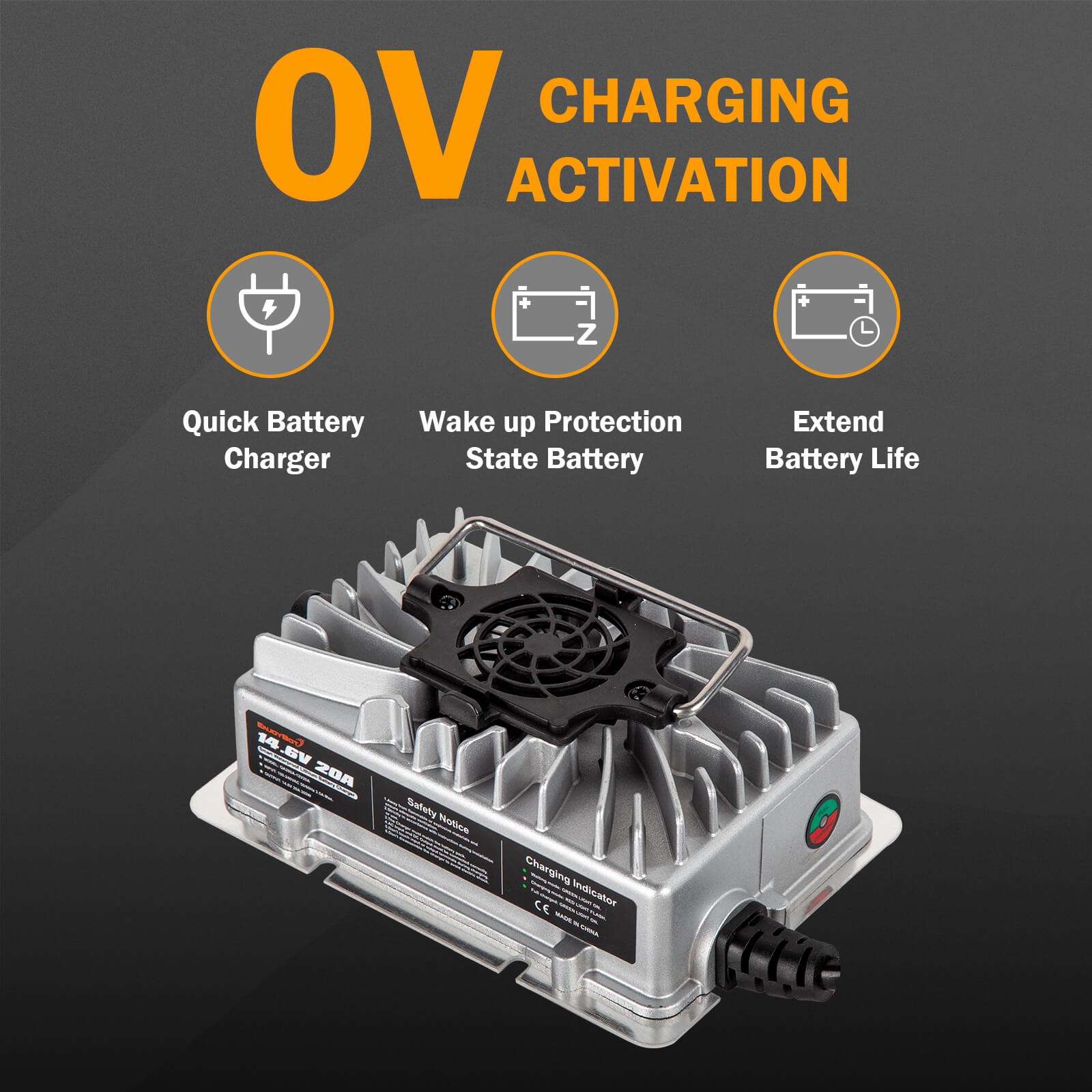 Enjoybot 14.6V 20A Waterproof Mountable LiFePO4 Lithium Battery Charger For 12V LiFePO4 Battery