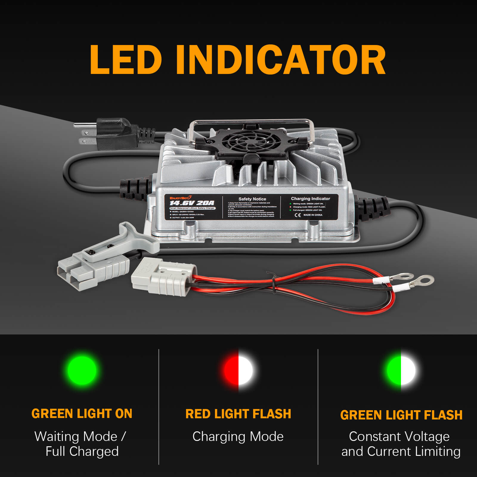 Enjoybot 14.6V 20A Waterproof Mountable LiFePO4 Lithium Battery Charger For 12V LiFePO4 Battery