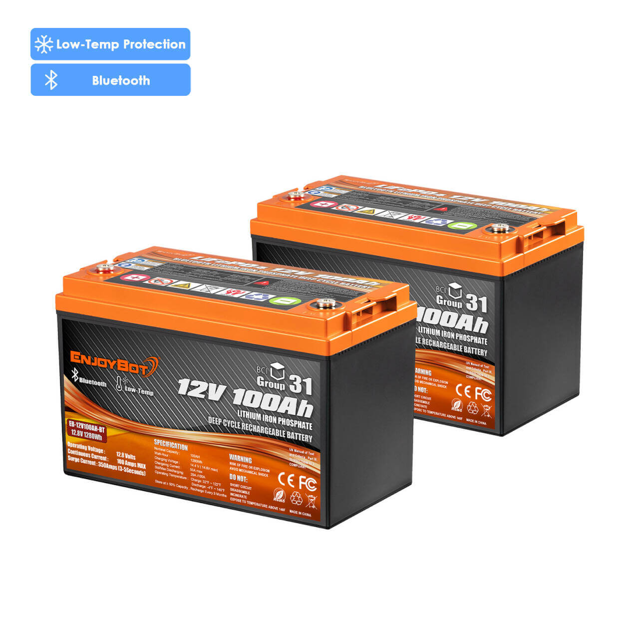 24V 100Ah Bluetooth Lithium Trolling Motor Battery Set- 2 12V 100Ah BT Group 31 Deep Cycle LiFePO4 Batteries 
