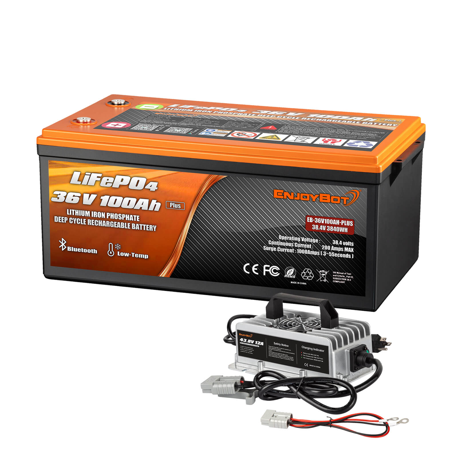Enjoybot 36V 100AH Plus Lithium Golf Cart Battery with Bluetooth & Low-Temp Protection_1 Pack+12A Charger