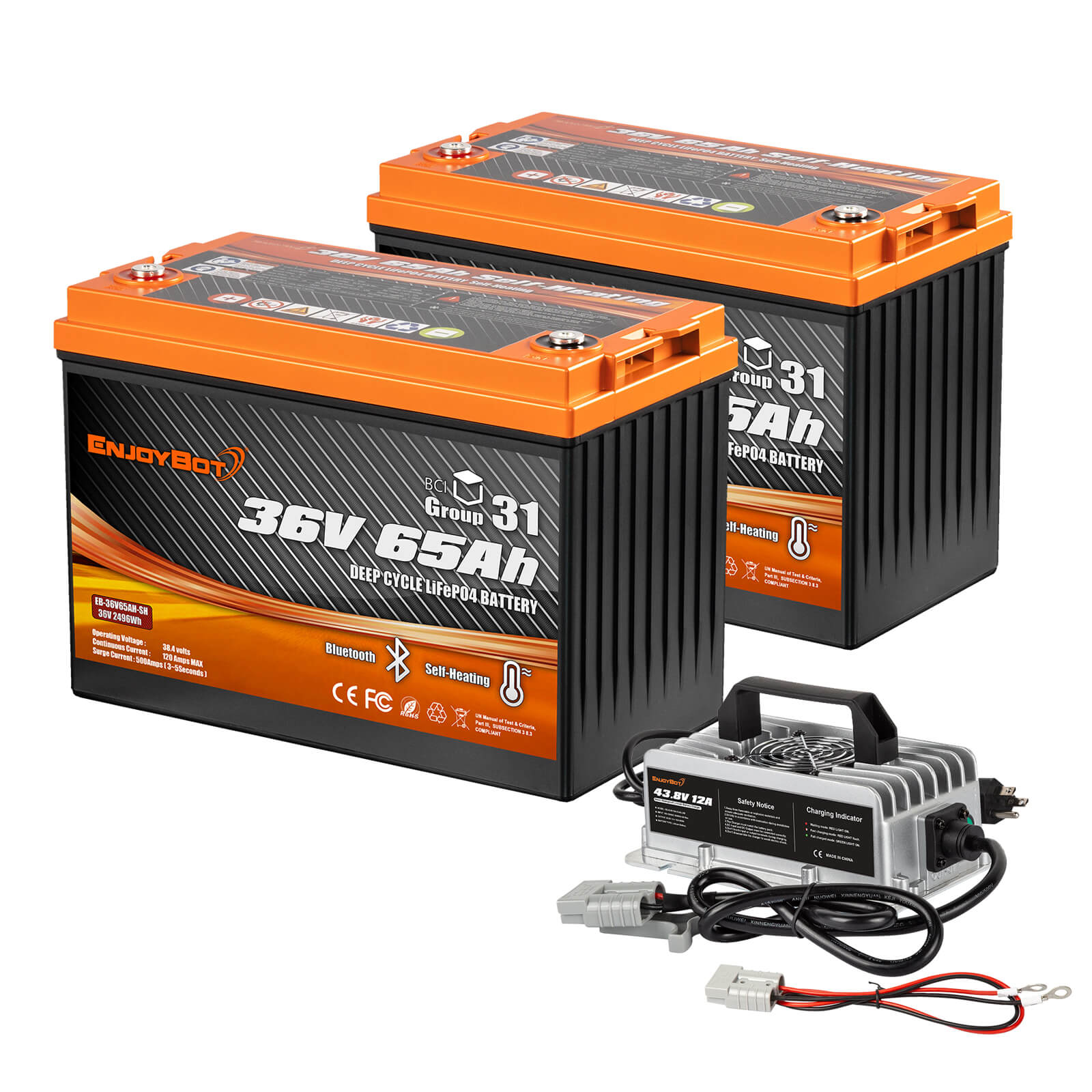 Enjoybot 36V 65Ah Self-Heating & Bluetooth Group 31 LiFePO4 Lithium Battery_2 Pack+43.8V 12A Charger