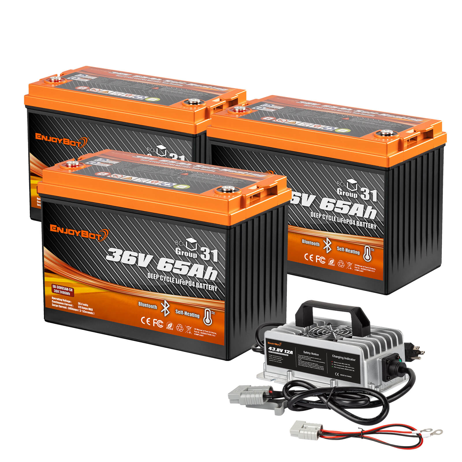 Enjoybot 36V 65Ah Self-Heating & Bluetooth Group 31 LiFePO4 Lithium Battery_3 Pack+43.8V 12A Charger