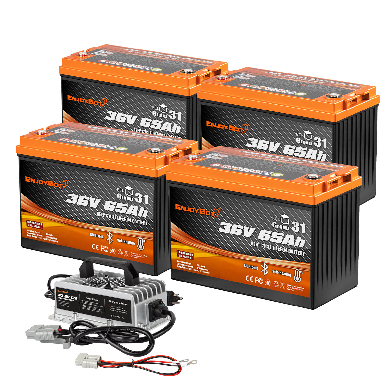 Enjoybot 36V 65Ah Self-Heating & Bluetooth Group 31 LiFePO4 Lithium Battery_4 Pack+43.8V 12A Charger