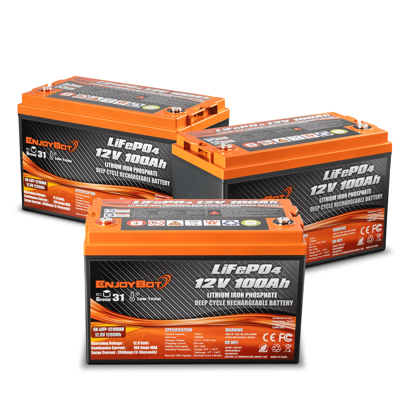 Enjoybot 36V 100Ah LiFePO4 Lithium Golf Cart Battery Set - 3 Batteries