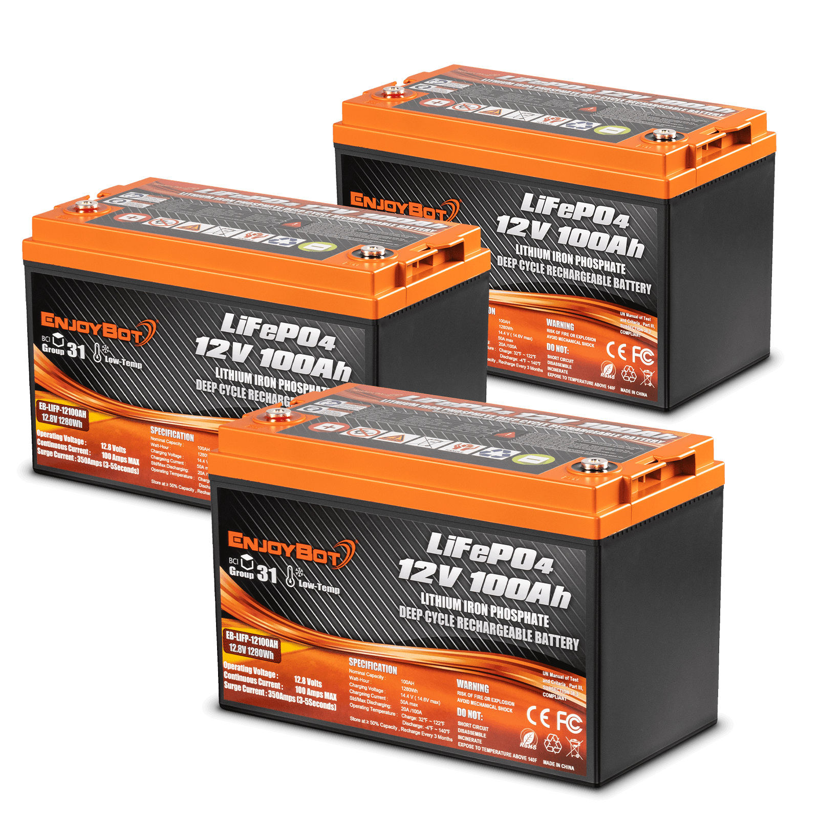 Enjoybot 36V LiFePO4 Lithium Trolling Motor Battery Set - 3 batteries