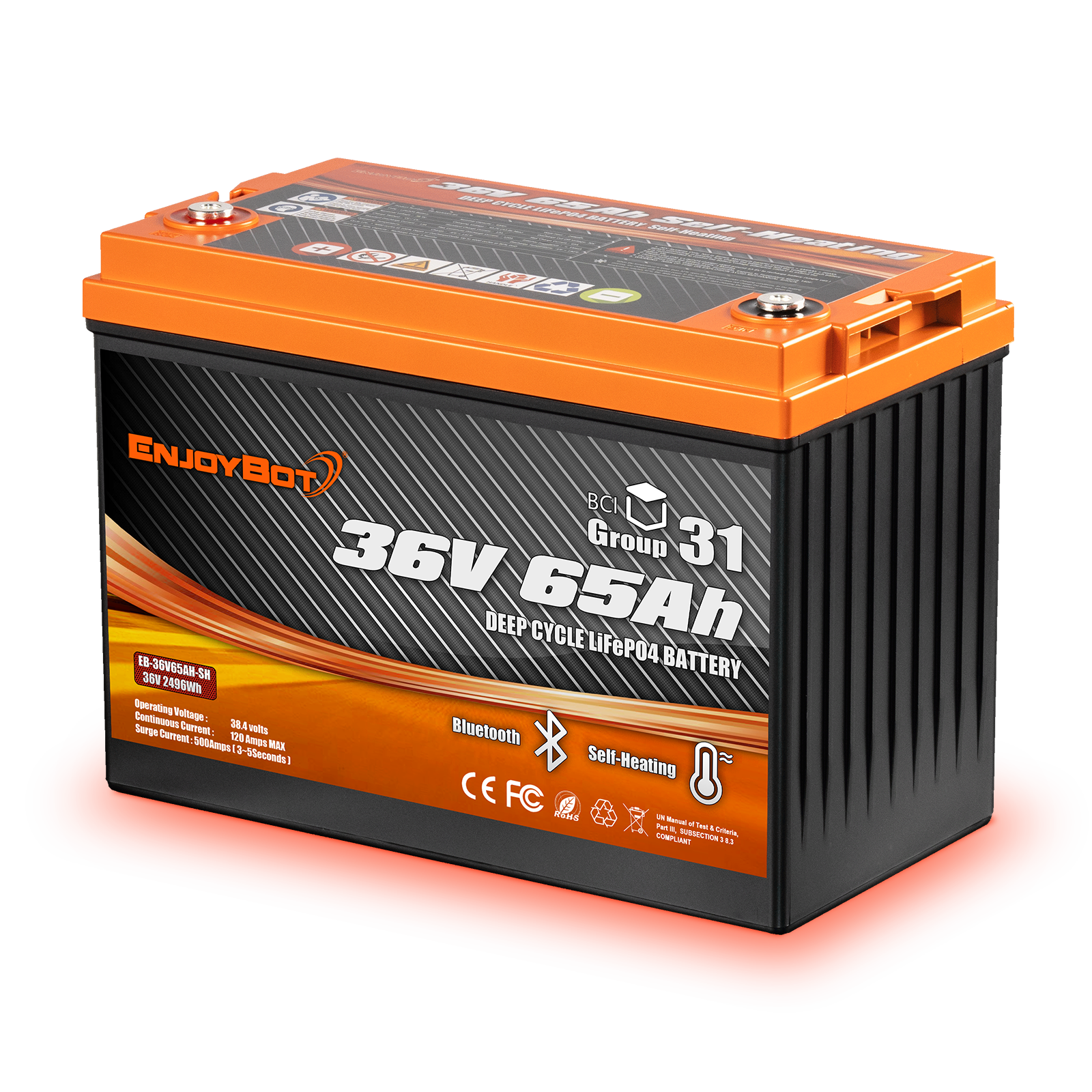 Enjoybot 36V 65AH Group 31 LiFePO4 Lithium Battery with Bluetooth & Self-Heating, 2496Wh, 120A BMS