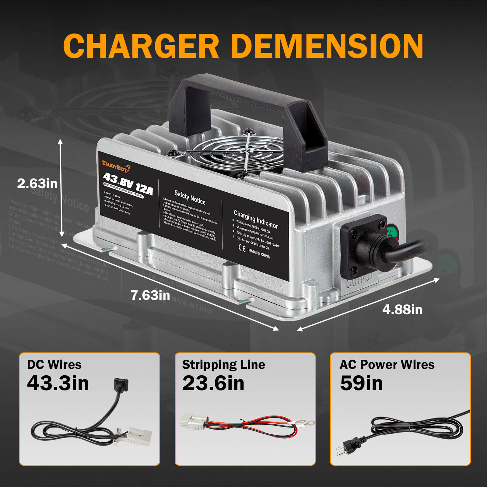 Enjoybot 43.8V 12A Mountable Dual-Purpose LiFePO4 Lithium Golf Cart Battery Charger Waterproof