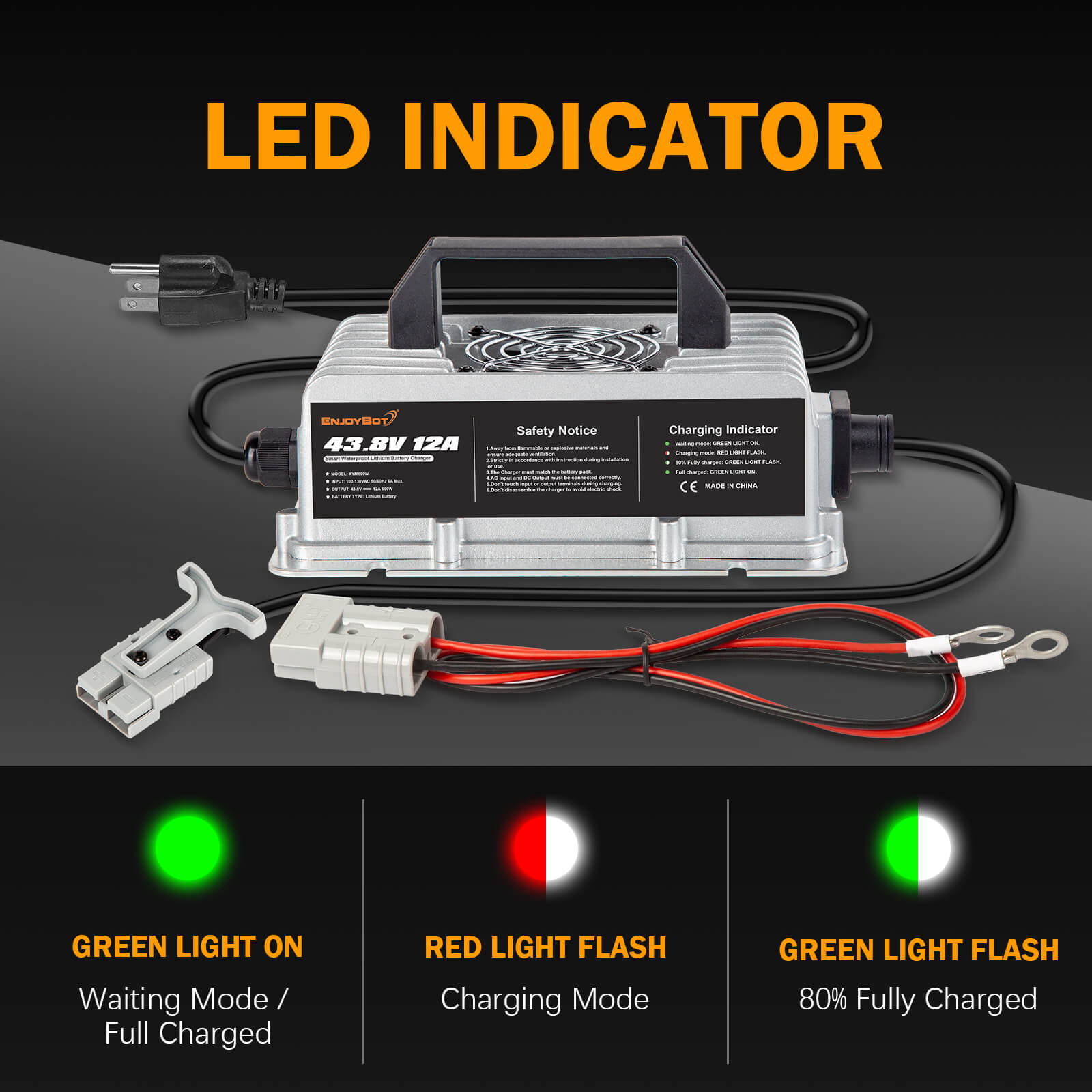 Enjoybot 43.8V 12A Mountable Dual-Purpose LiFePO4 Lithium Golf Cart Battery Charger Waterproof
