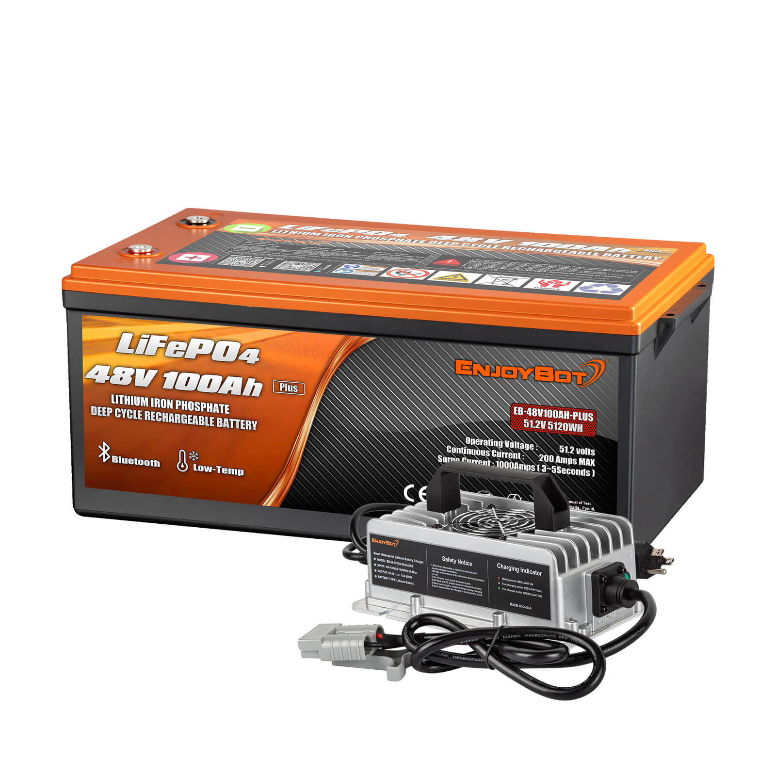 Enjoybot 48V 100AH Plus Lithium Golf Cart Battery with Bluetooth & Low-Temp Protection_1 Pack+10A Waterproof Charger