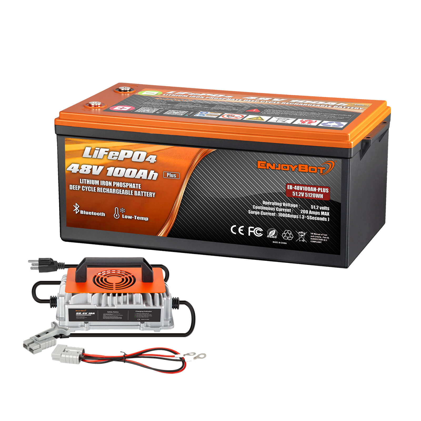 Enjoybot 48V 100AH LiFePO4 Lithium Battery with Bluetooth & Low-Temp Protection (Upgraded to 200A BMS Plus Version)