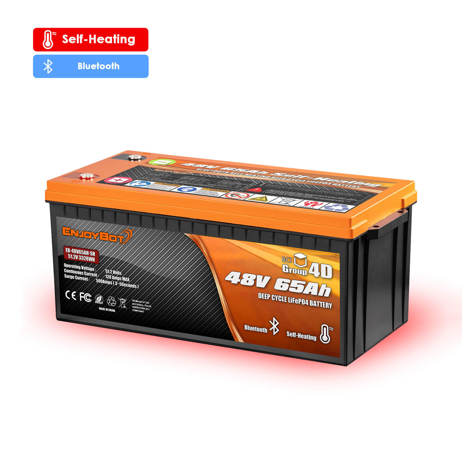 Enjoybot 48V 65AH LiFePO4 Lithium Golf Cart Battery with Bluetooth & Self-Heating, 3328Wh, 120A BMS