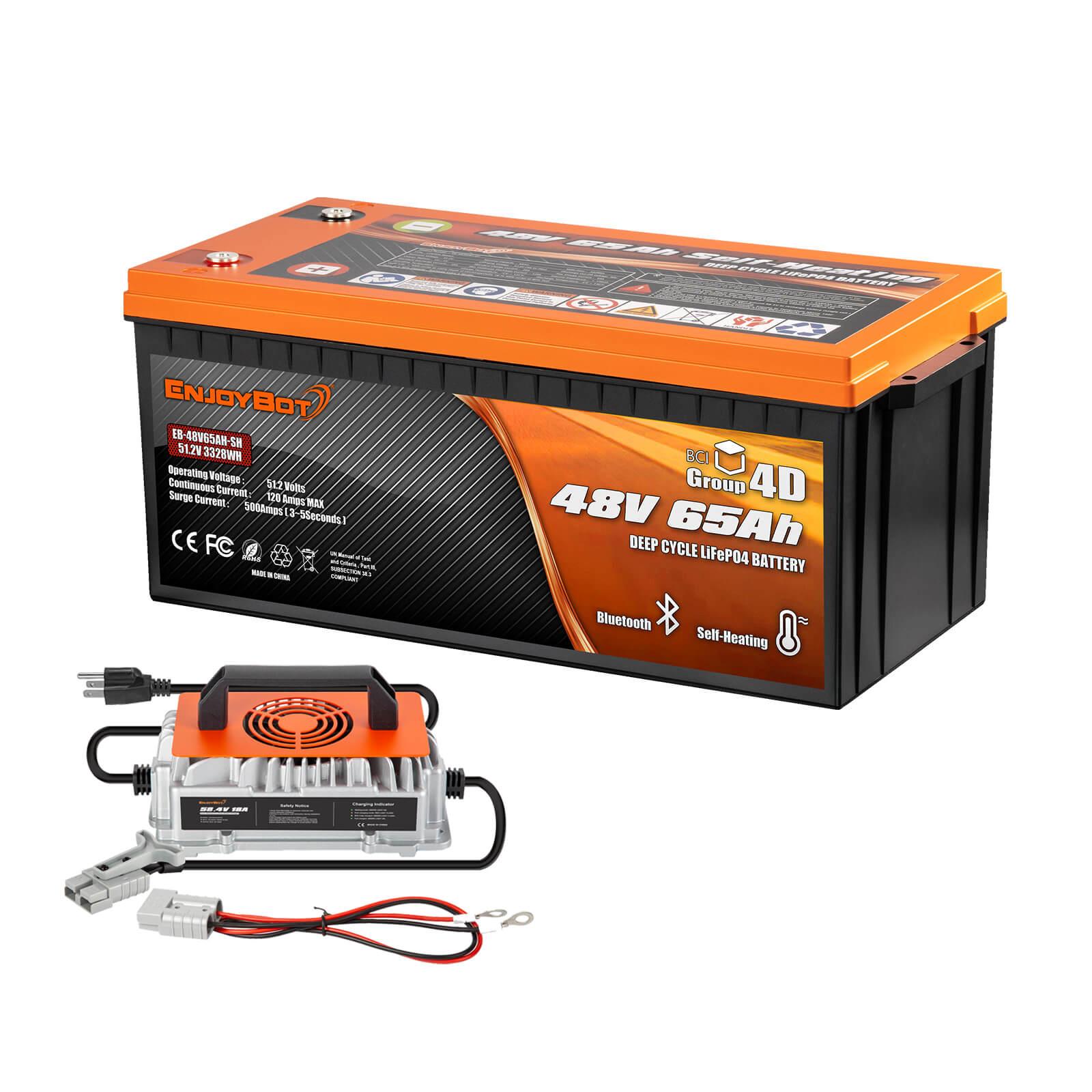 Enjoybot 48V 65AH LiFePO4 Lithium Golf Cart Battery with Bluetooth & Self-Heating, 3328Wh, 120A BMS