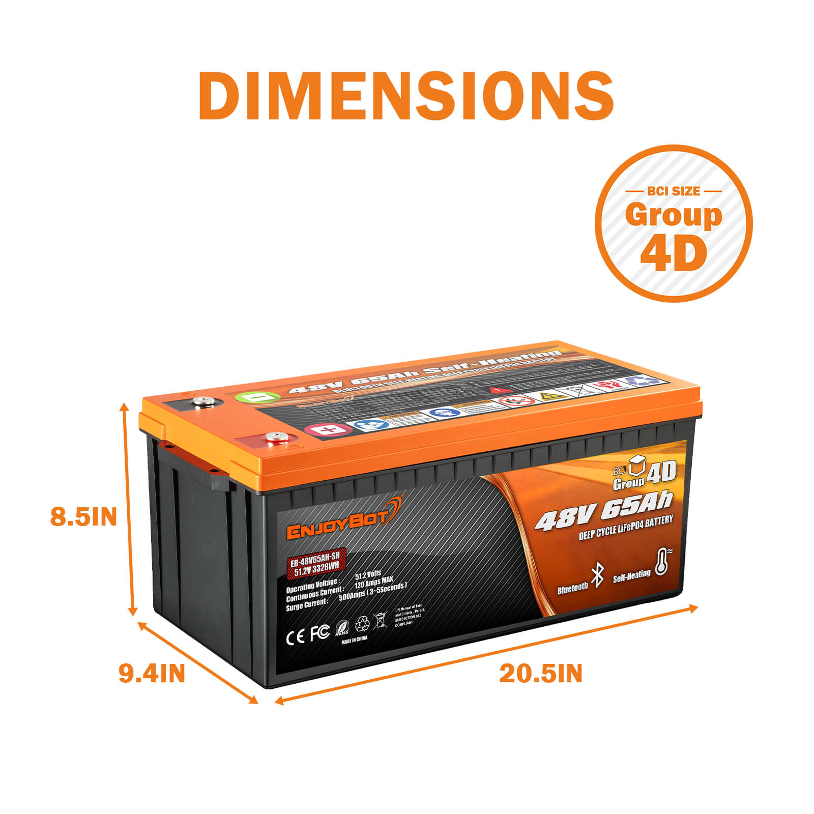 Enjoybot 48V 65AH LiFePO4 Lithium Golf Cart Battery with Bluetooth & Self-Heating, 3328Wh, 120A BMS