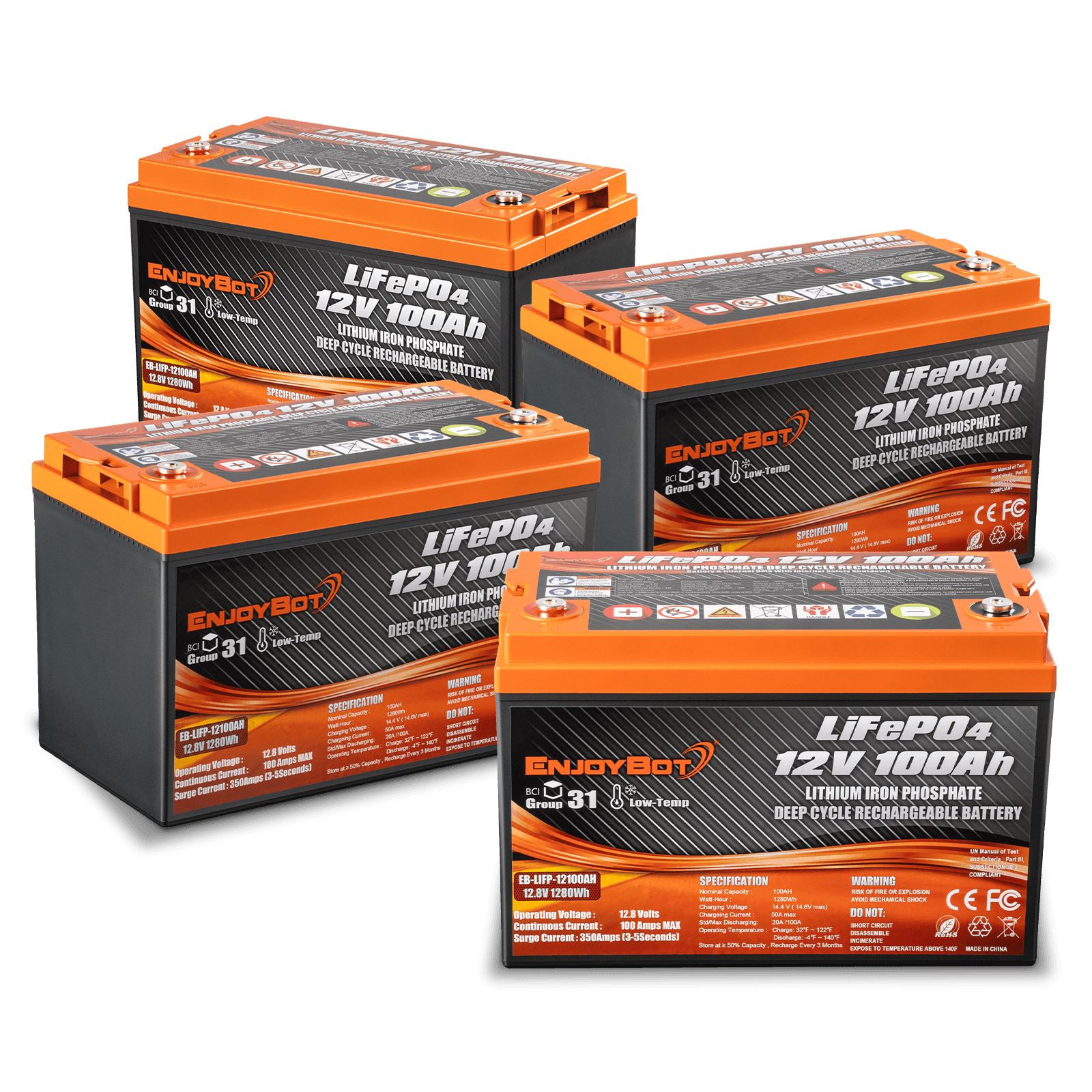 Enjoybot 48V 100Ah LiFePO4 Lithium Golf Cart Battery Set - 4 Batteries