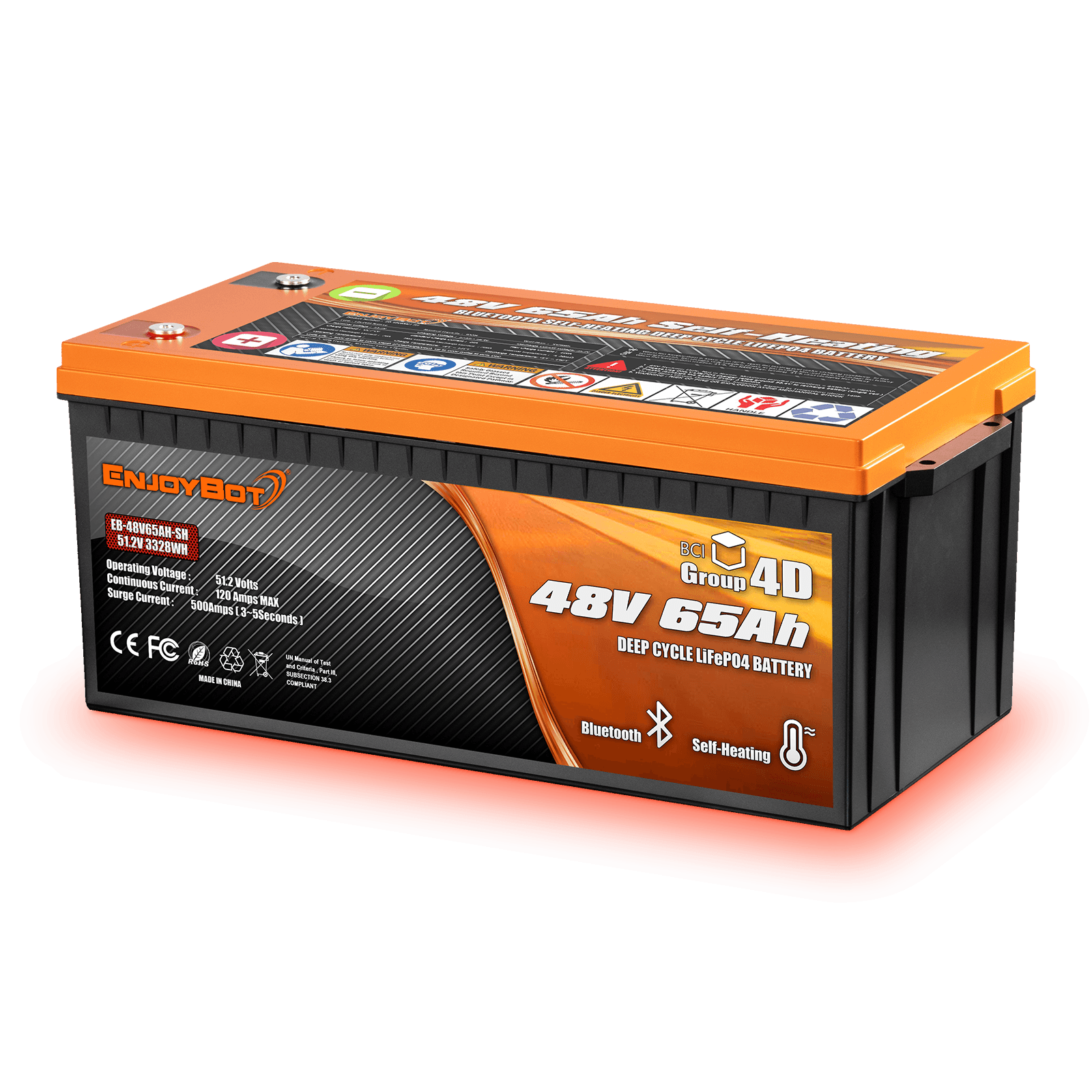 Enjoybot 48V 65AH LiFePO4 Lithium Golf Cart Battery with Bluetooth & Self-Heating, 3328Wh, 120A BMS