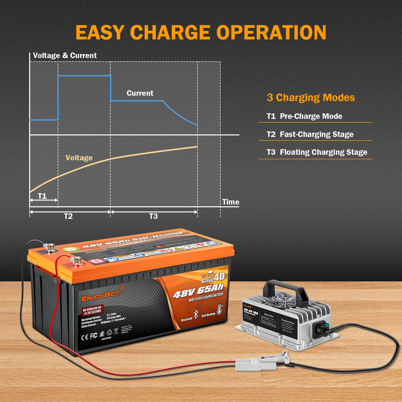 Enjoybot 58.4V 10A Mountable Dual-Purpose LiFePO4 Lithium Golf Cart Battery Charger Waterproof