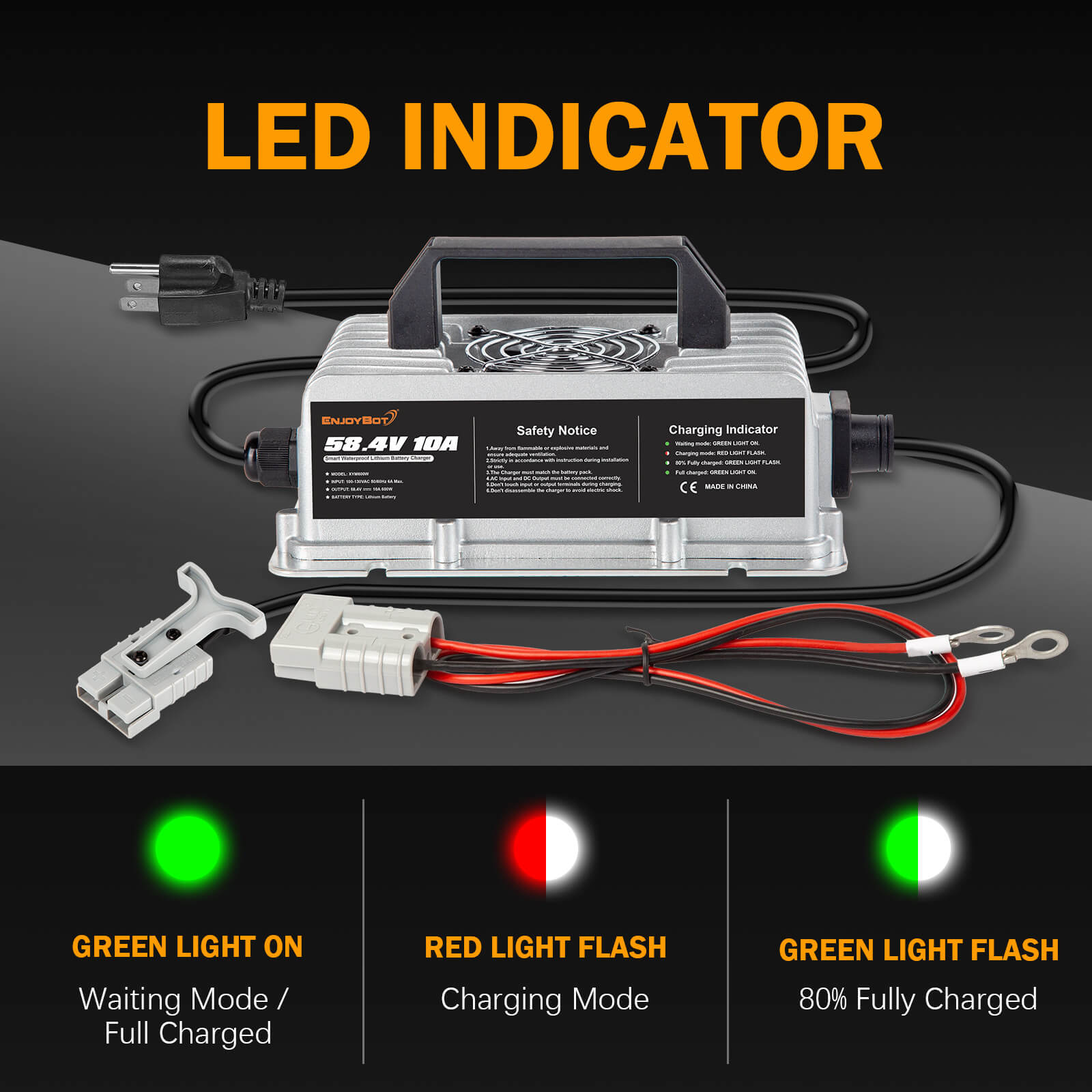 Enjoybot 58.4V 10A Mountable Dual-Purpose LiFePO4 Lithium Golf Cart Battery Charger Waterproof