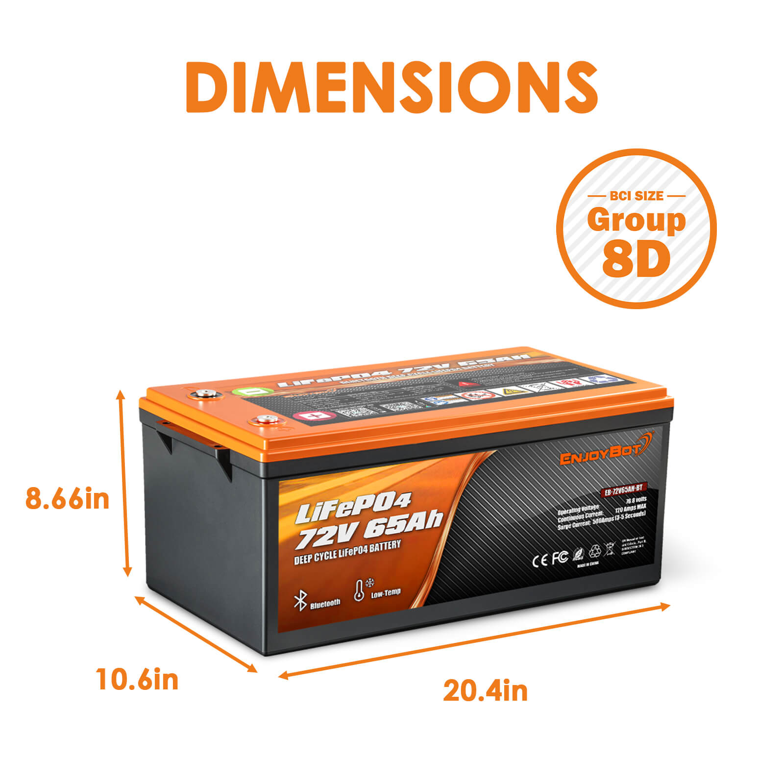 Enjoybot 72V 65AH LiFePO4 Lithium Battery with Bluetooth & Low-Temp, 4992Wh, 120A BMS