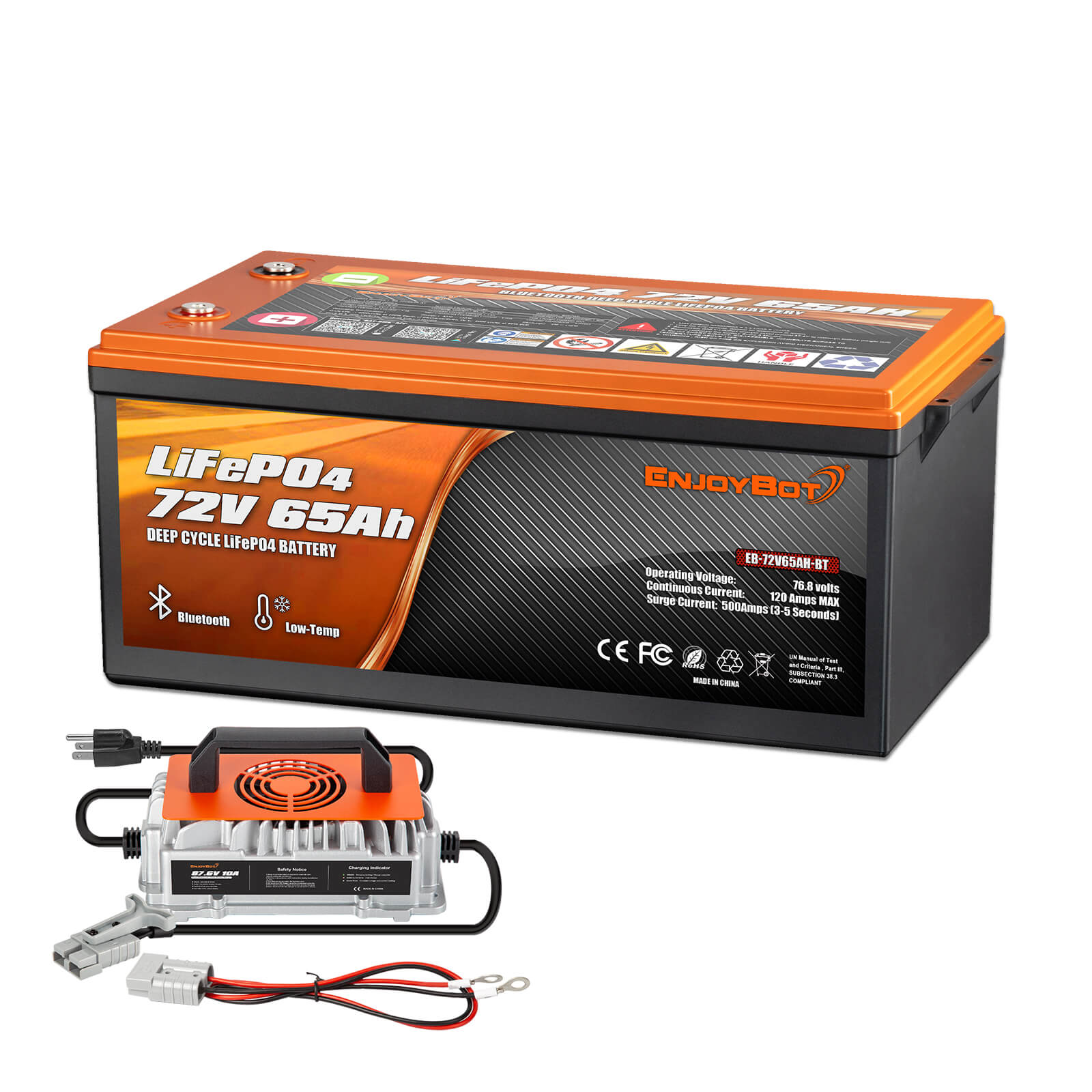 Enjoybot 72V 65AH LiFePO4 Lithium Battery with Bluetooth & Low-Temp, 4992Wh, 120A BMS