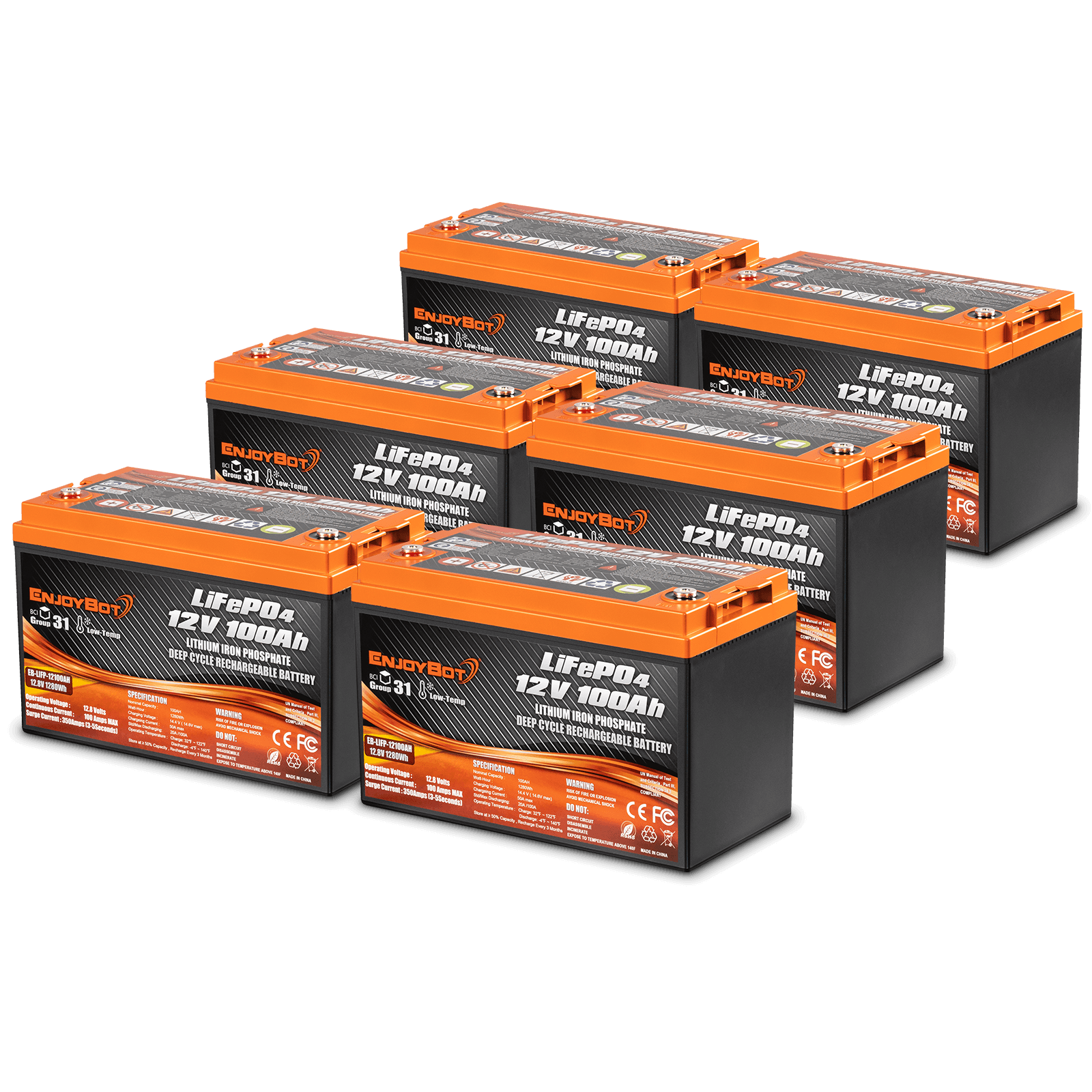 Enjoybot 72V 100Ah LiFePO4 Lithium Golf Cart Battery Set - 6 Batteries