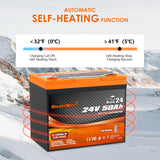 Enjoybot 24V 50Ah Group24 Self-Heating LiFePO4 Lithium Battery - 32°F Self-Heating Function