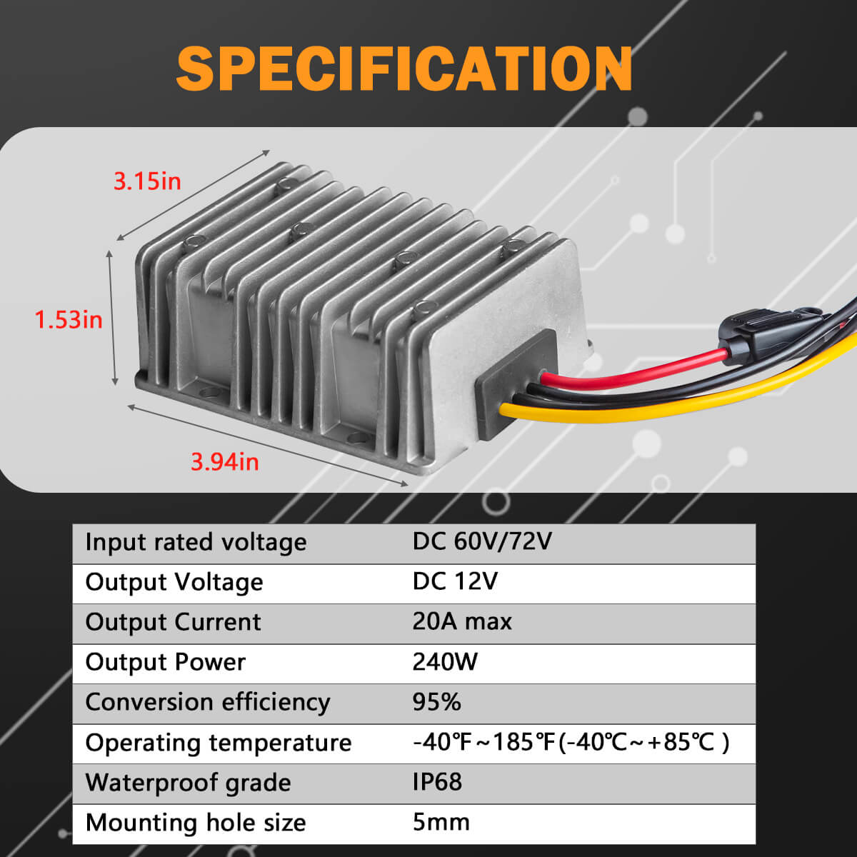 Enjoybot DC-DC 60V/72V to 12V Step Down Converter 20A 240W  with Fuse Waterproof