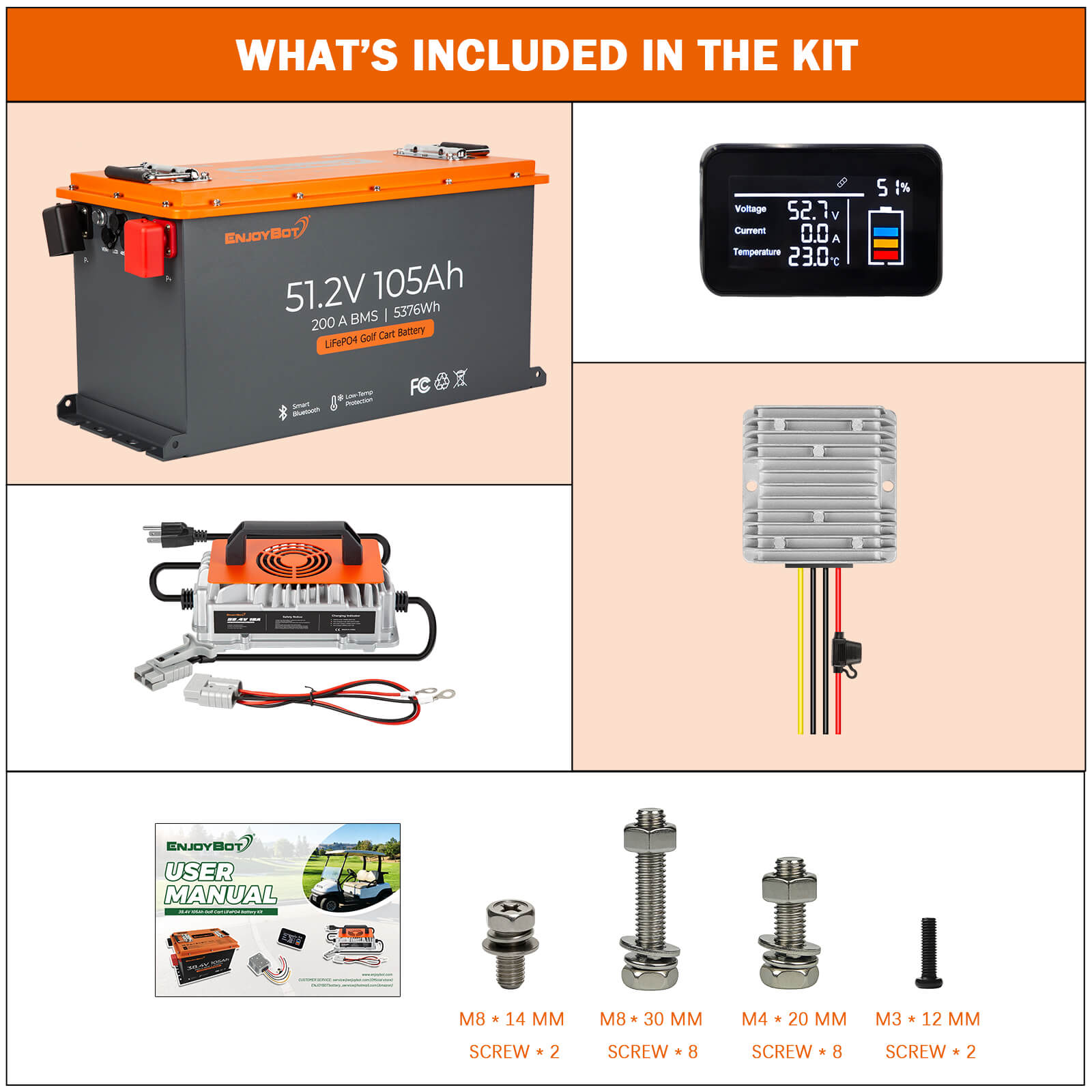 Enjoybot 48V (51.2V) 105AH Lithium Golf Cart Battery Conversion Kit with Bluetooth, 200A BMS, All-in-one Kit